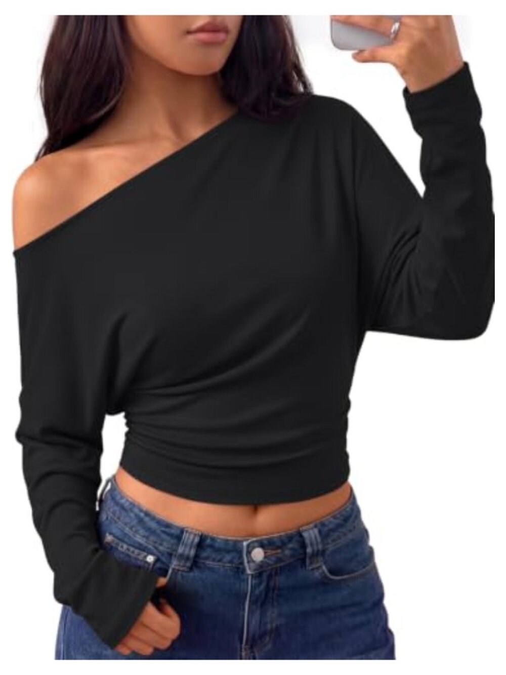 Off Shoulder Cinched Waist Long Sleeve Top Rayon Spandex Ruched Asymmetric